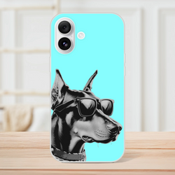 Cool Dog iPhone Case (13-16) retro aesthetic turquoise case featuring a black-and-white dog wearing sunglasses.