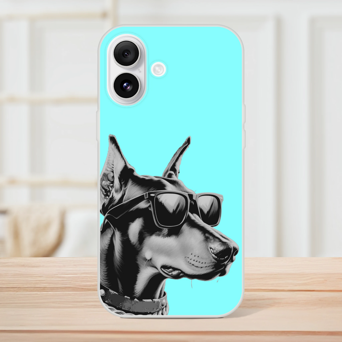 Cool Dog iPhone Case (13-16) retro aesthetic turquoise case featuring a black-and-white dog wearing sunglasses.