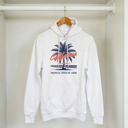 Palm Tree Women’s Hoodie in white with navy palm graphic and red California text, soft cotton blend