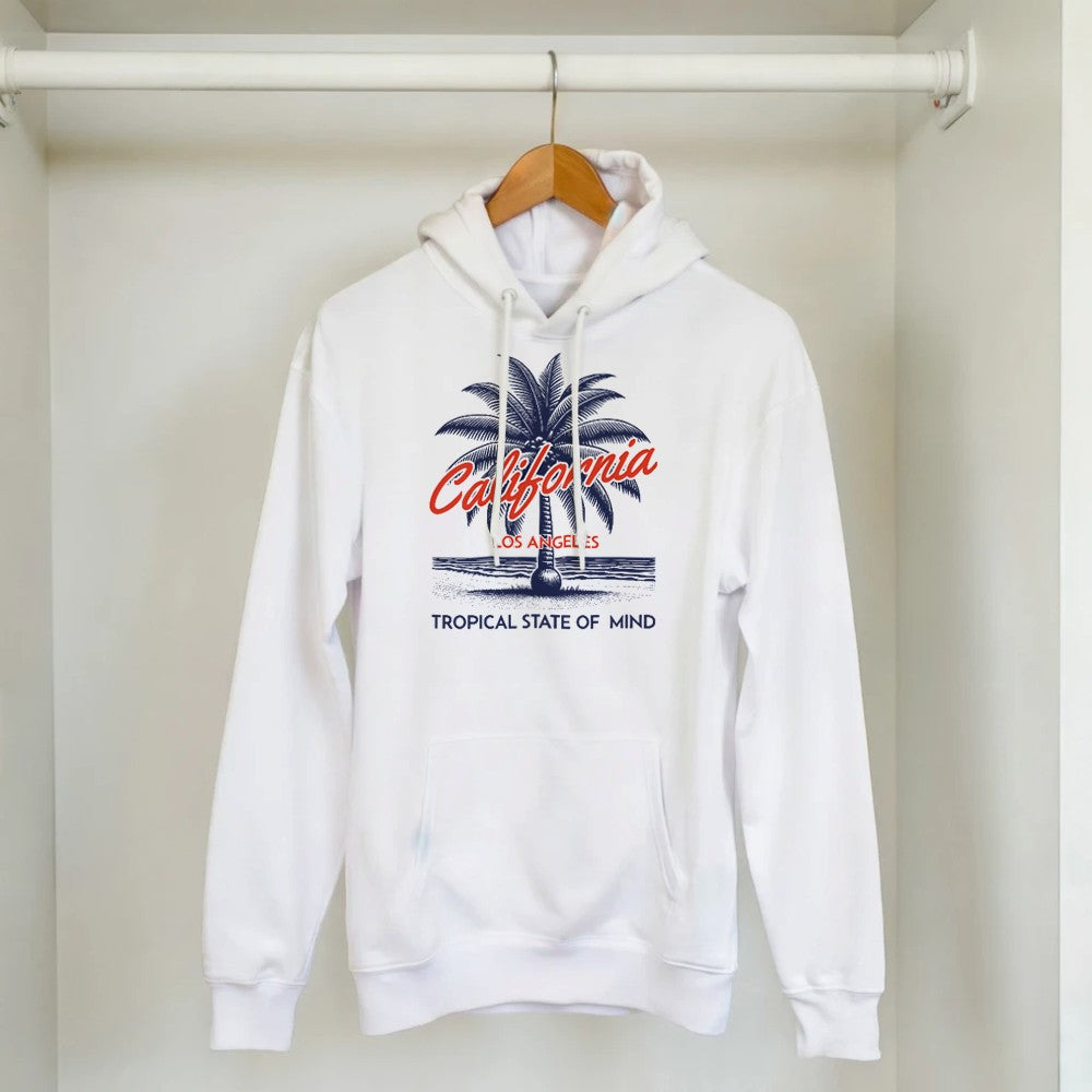 Palm Tree Women’s Hoodie in white with navy palm graphic and red California text, soft cotton blend