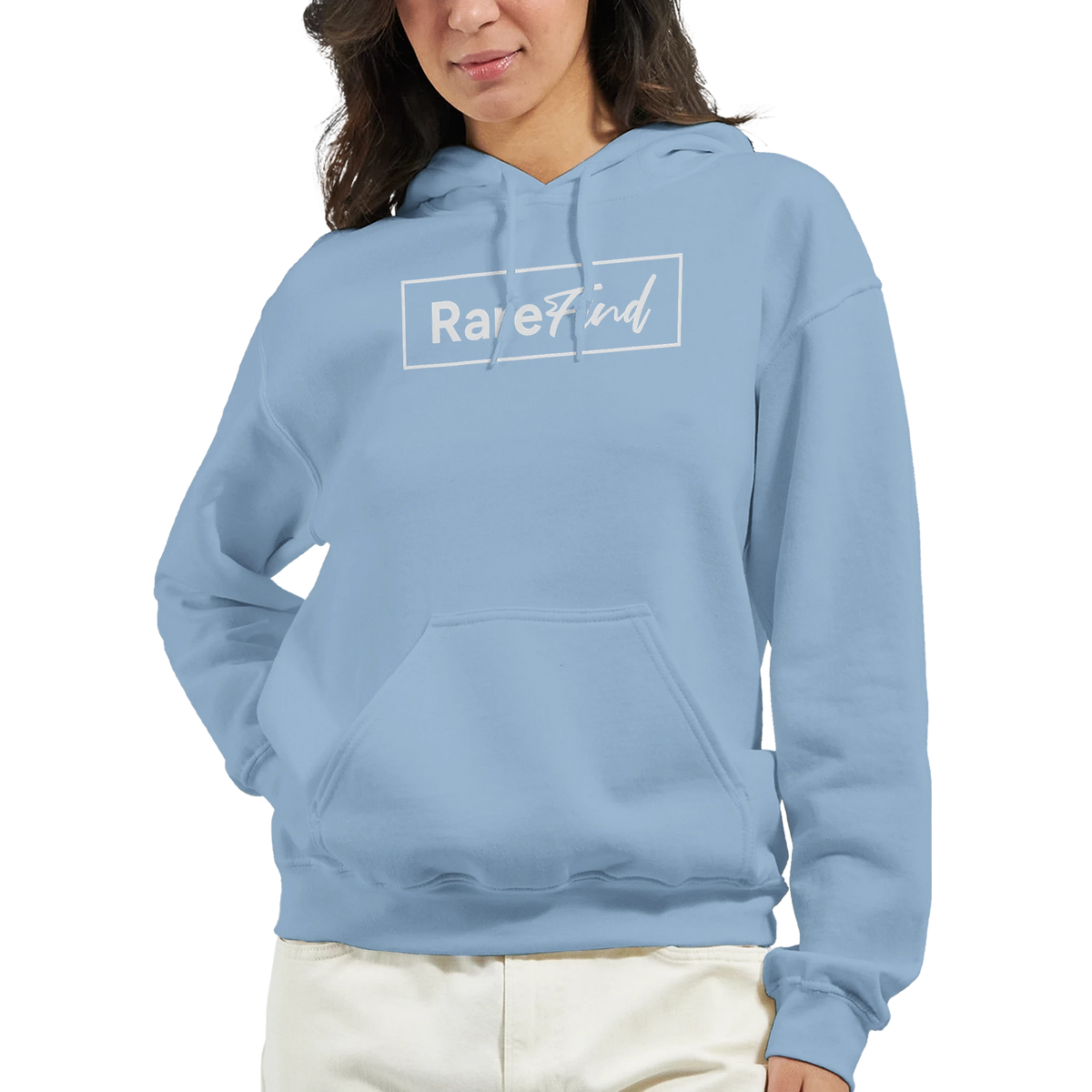 Cute Rare Find Hoodie in light blue with front pouch pocket and double-lined hood, worn by a woman.