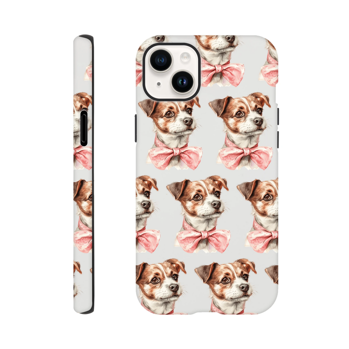 Cute dog face pattern on a glossy dual-layer iPhone case with wraparound print for iPhone 16–13.