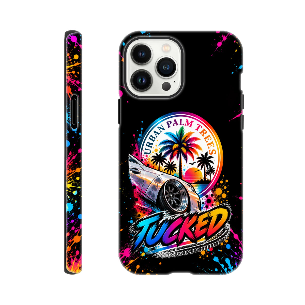 Tugged Petrolhead Tough iPhone Case featuring modified car art with Urban Palm Trees, neon splatters, and shock-absorbing dual-layer protection.