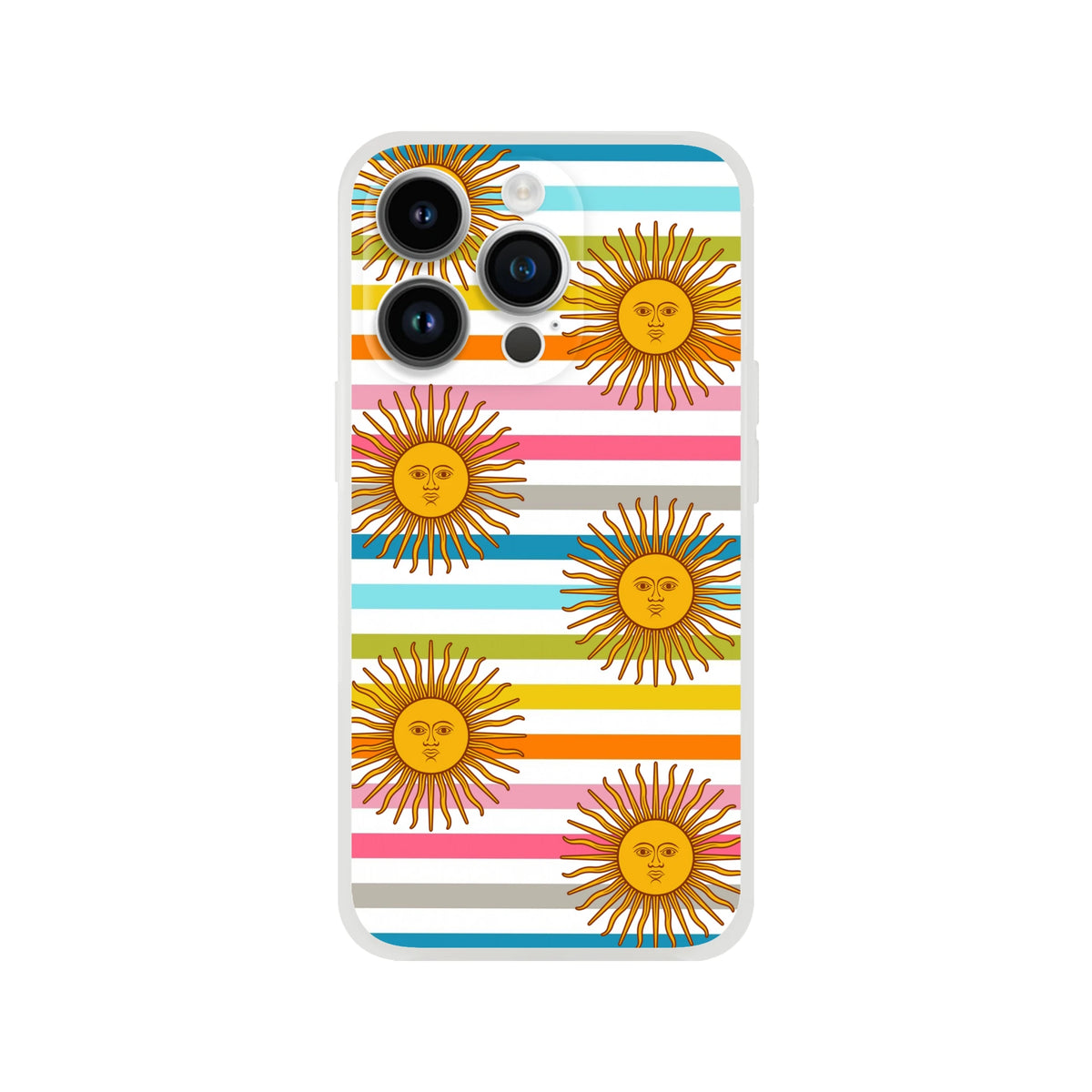 Retro rainbow sun iPhone case (13-16) with boho aesthetic, matte finish on colorful striped background.
