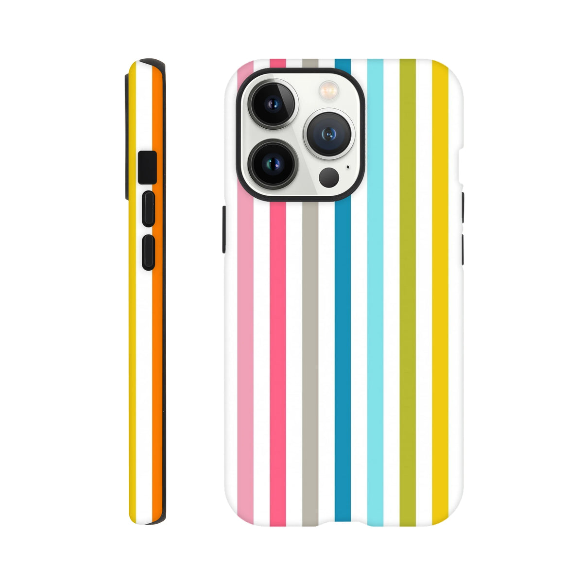 Retro rainbow vertical stripe tough phone case for iPhone 13-16 featuring vibrant pink, blue, green, and yellow wraparound design.