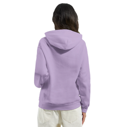Back view of woman in lavender Cute Wild Heart Hoodie, a cozy slogan top for women.