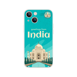 Vintage postcard India Holiday iPhone case (13-16), teal shell with Taj Mahal stamp for everyday protection