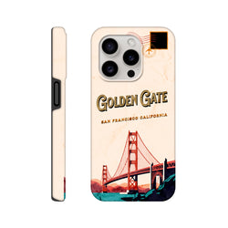Vintage-style iPhone case featuring a retro Golden Gate Bridge postcard design with "San Francisco California" text.