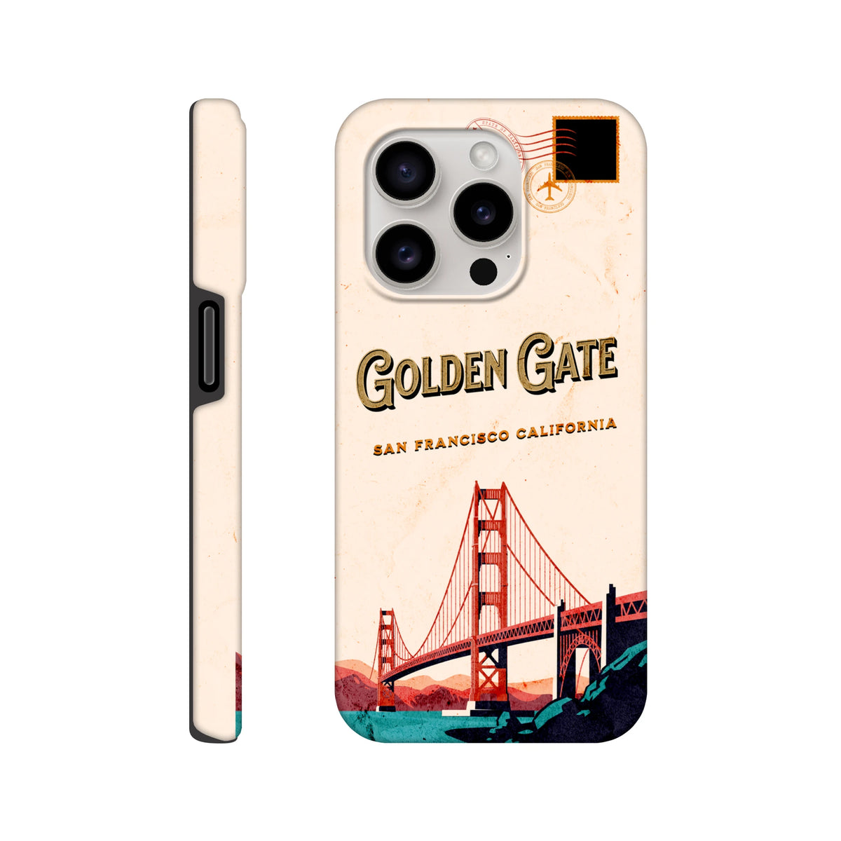 Vintage-style iPhone case featuring a retro Golden Gate Bridge postcard design with "San Francisco California" text.
