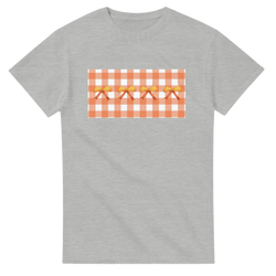Gray women's T-shirt with an orange gingham pocket featuring bow accents for a Coquette aesthetic.
