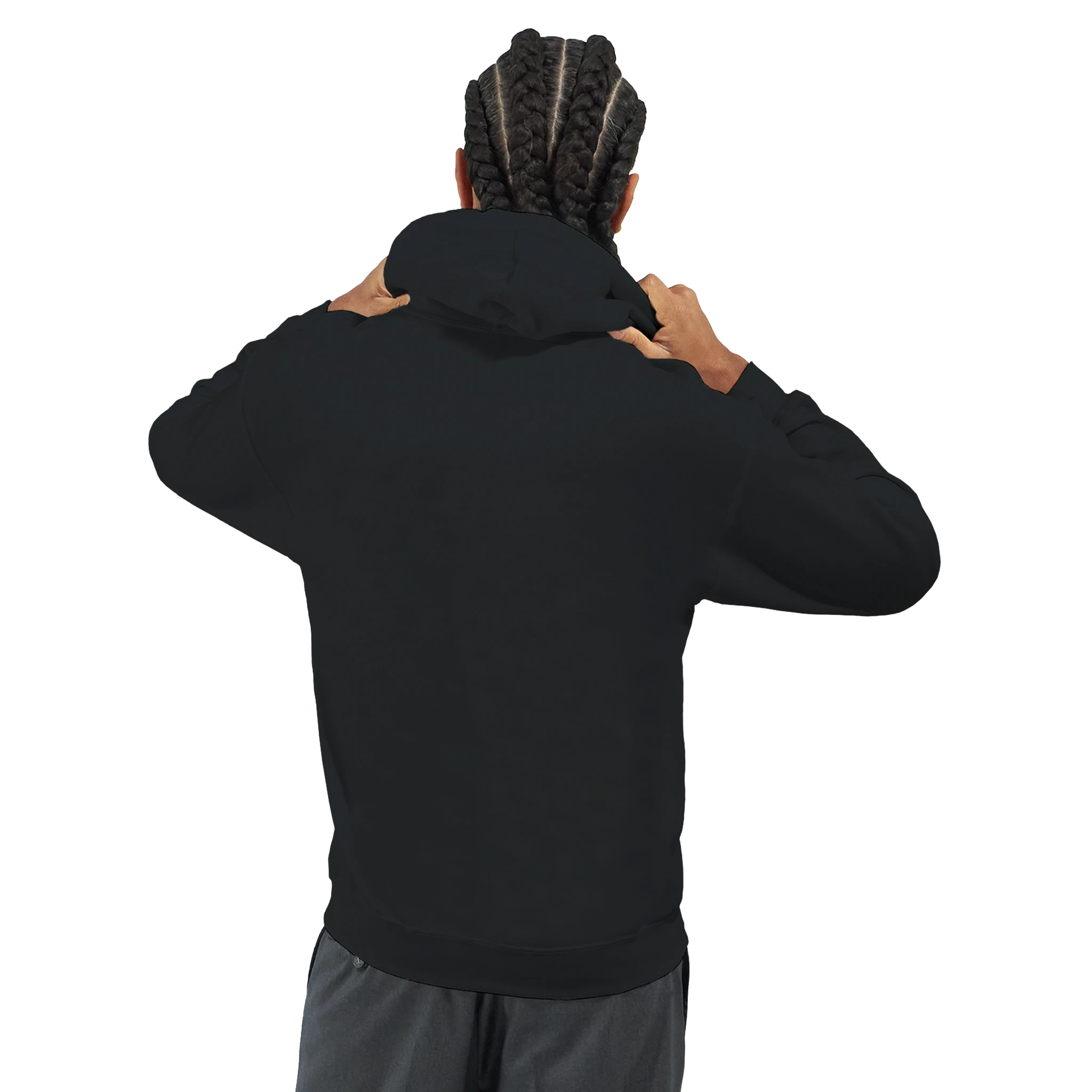 Back view of a man in a black Men's Stressed Teddy Bear Hoodie, soft cotton blend, hood up.