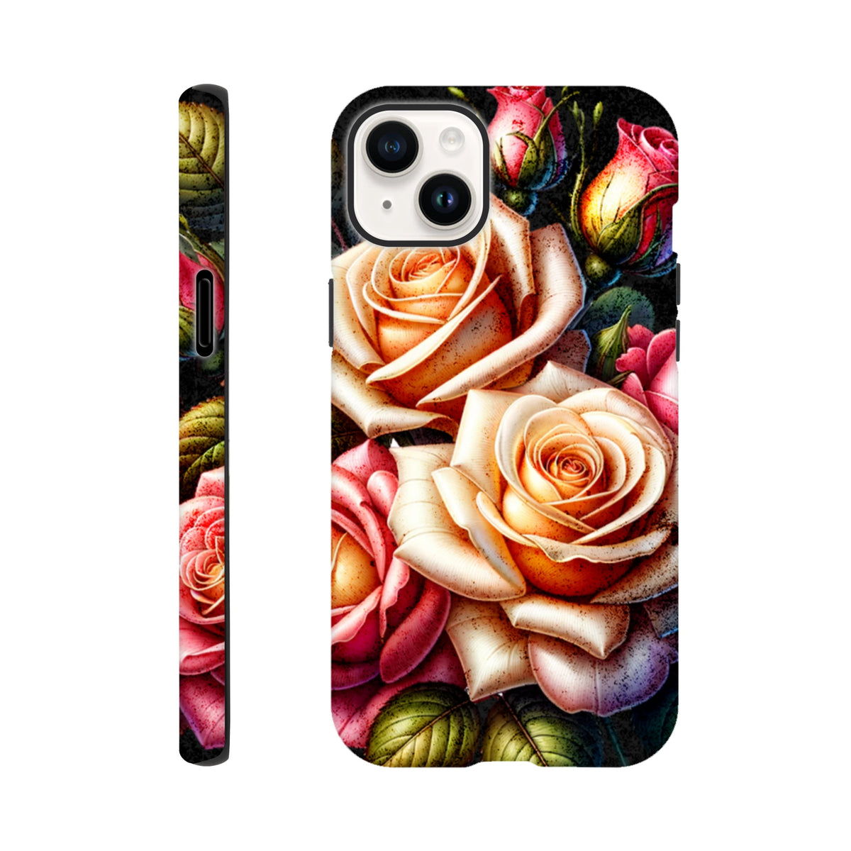 Romantic floral phone cover with detailed peach and pink rose botanical design. Tough protective case with reinforced corners for iPhone 13-16.