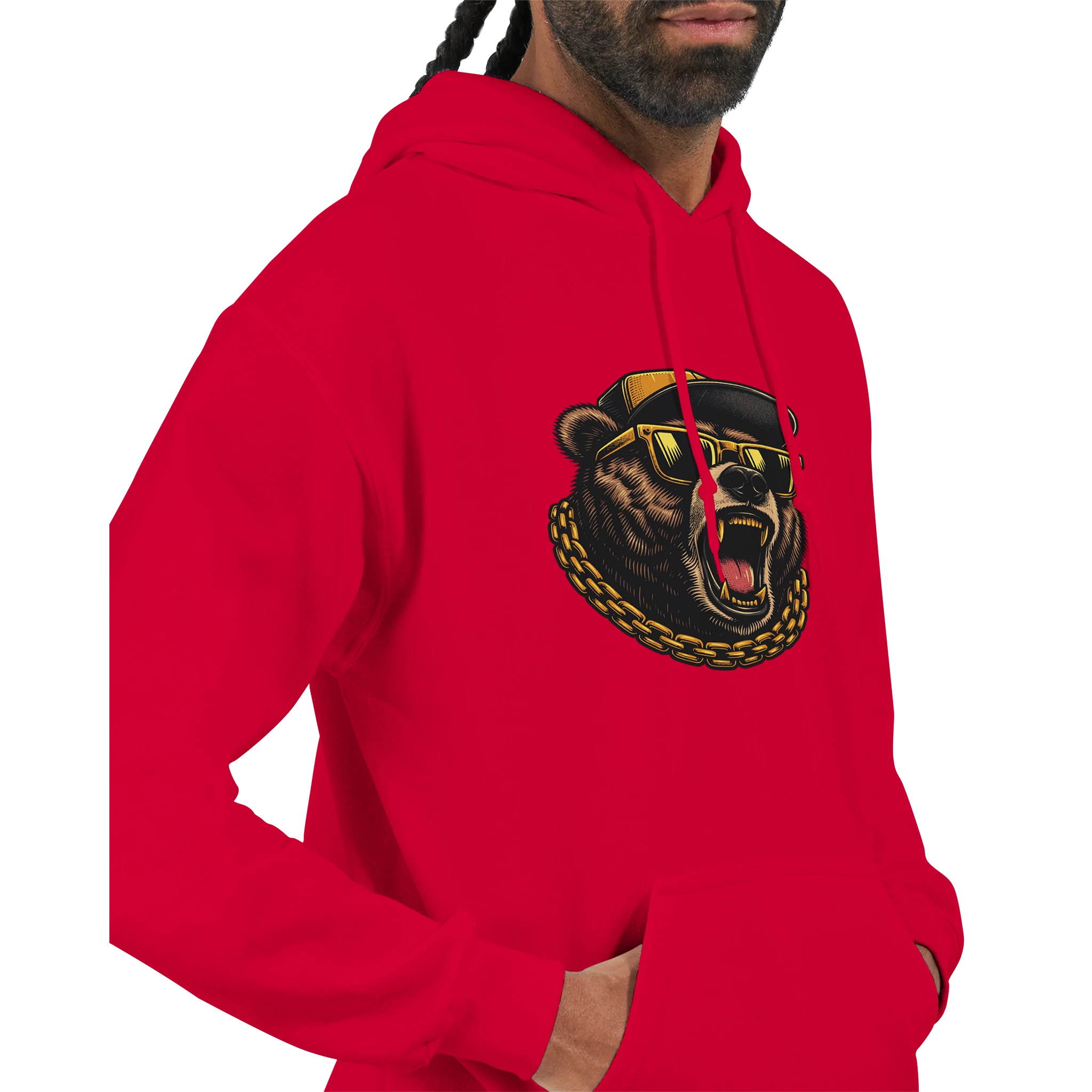 Men's Grizzly Bear Hoodie in red with bold bear graphic, sunglasses, and gold chain.