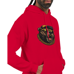 Men's Grizzly Bear Hoodie in red with bold bear graphic, sunglasses, and gold chain.