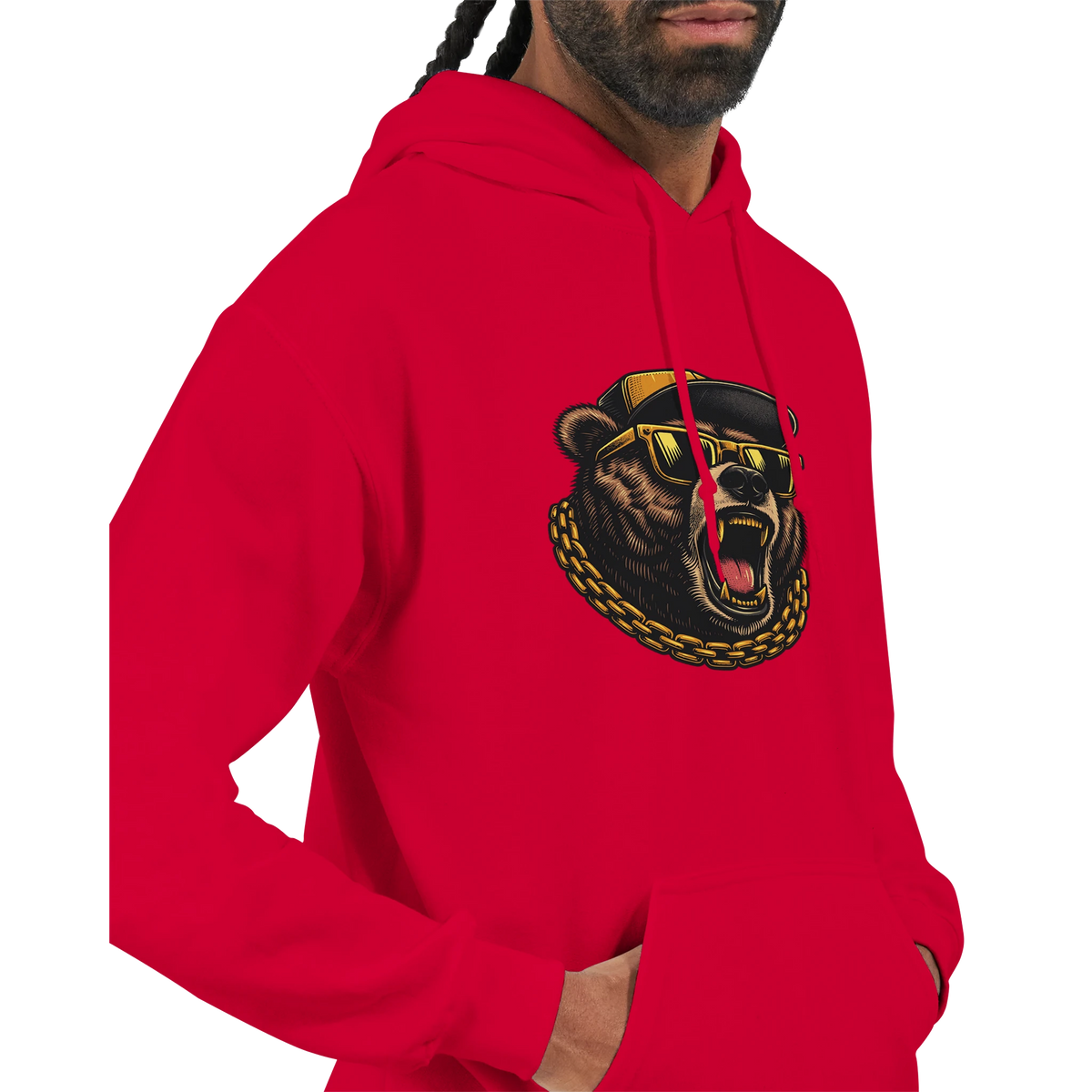 Men's Grizzly Bear Hoodie in red with bold bear graphic, sunglasses, and gold chain.