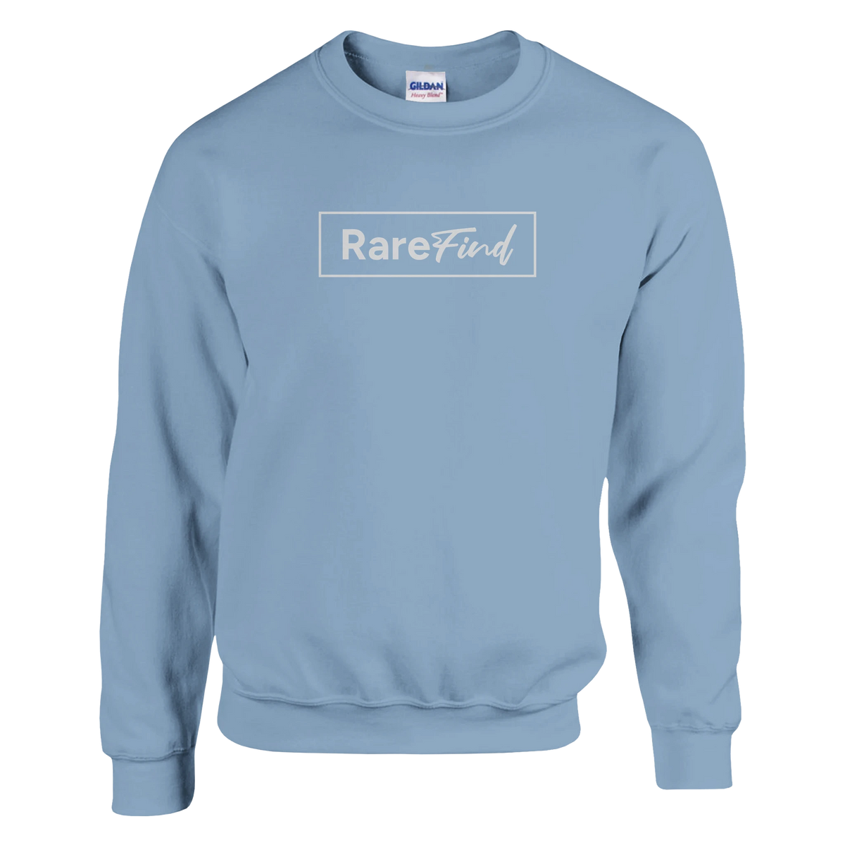 Cute Rare Find sweatshirt: light-blue cozy top with a white framed RareFind logo on the chest.