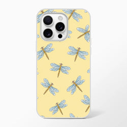 Yellow iPhone case with blue dragonfly pattern for iPhone 13–16, slim shell.
