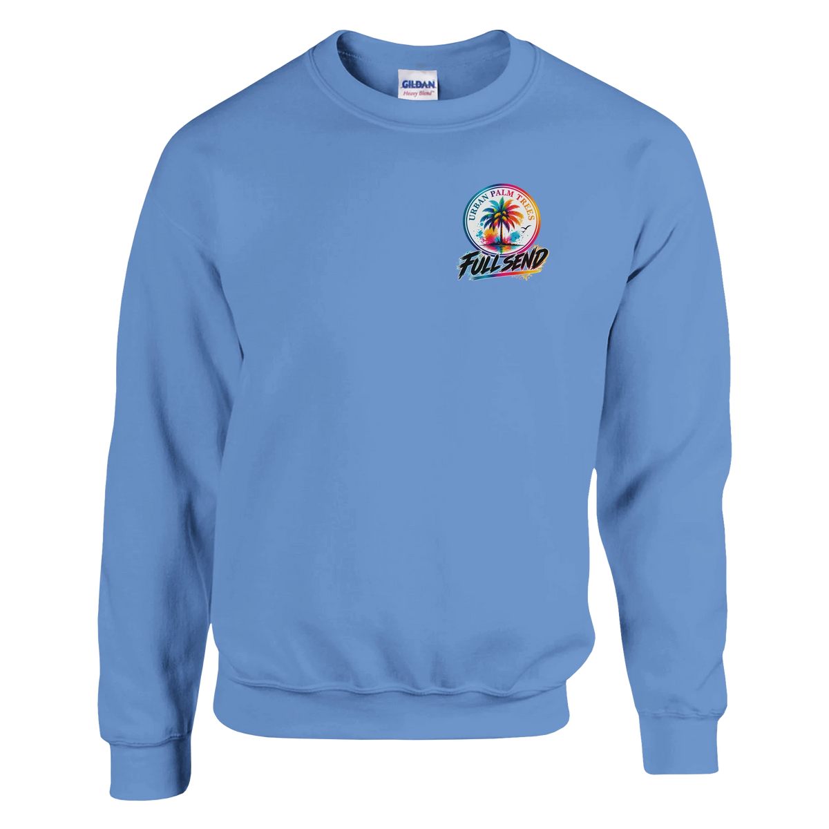 Blue Tucked Petrolhead Sweatshirt featuring a colorful Urban Palm Trees and Full Send graphic on the chest for modified car culture.
