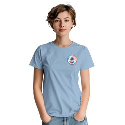 Light blue women's t-shirt featuring a colorful circular Urban Palm Trees graphic on the chest, styled with short sleeves and a crew neck.