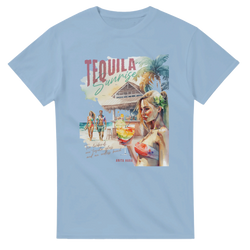 Retro Tequila Sunrise graphic tee featuring a watercolor beach scene with a cocktail, palm tree, and couple walking along the shore.