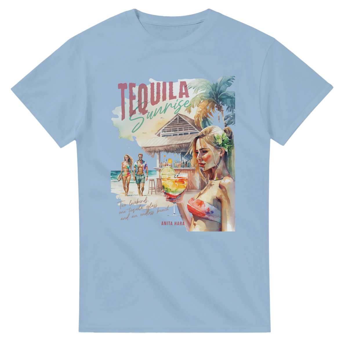 Retro Tequila Sunrise graphic tee featuring a watercolor beach scene with a cocktail, palm tree, and couple walking along the shore.