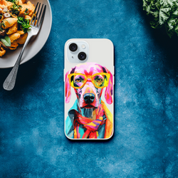 Colorful dog illustration with yellow sunglasses on a clear iPhone case.