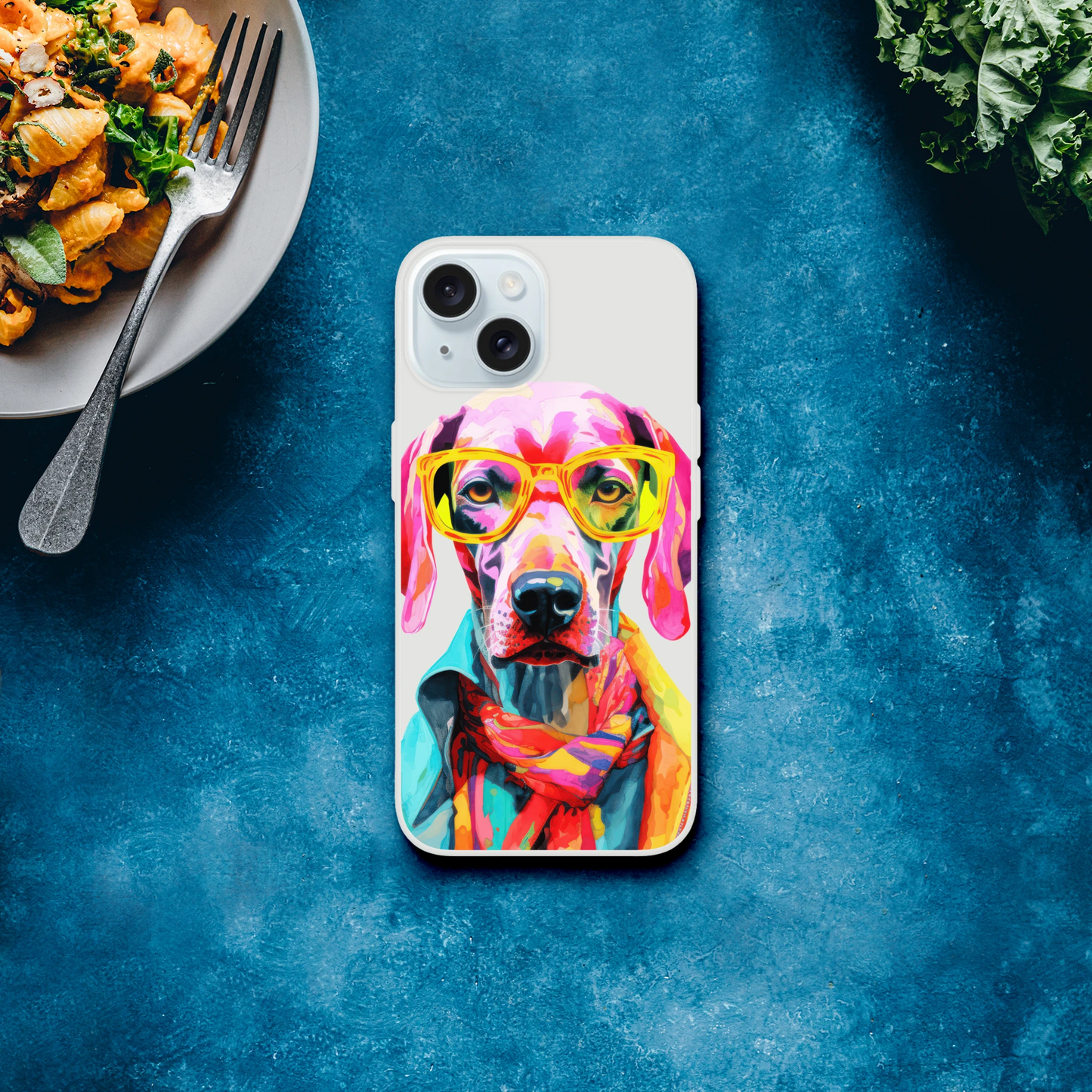 Colorful dog illustration with yellow sunglasses on a clear iPhone case.
