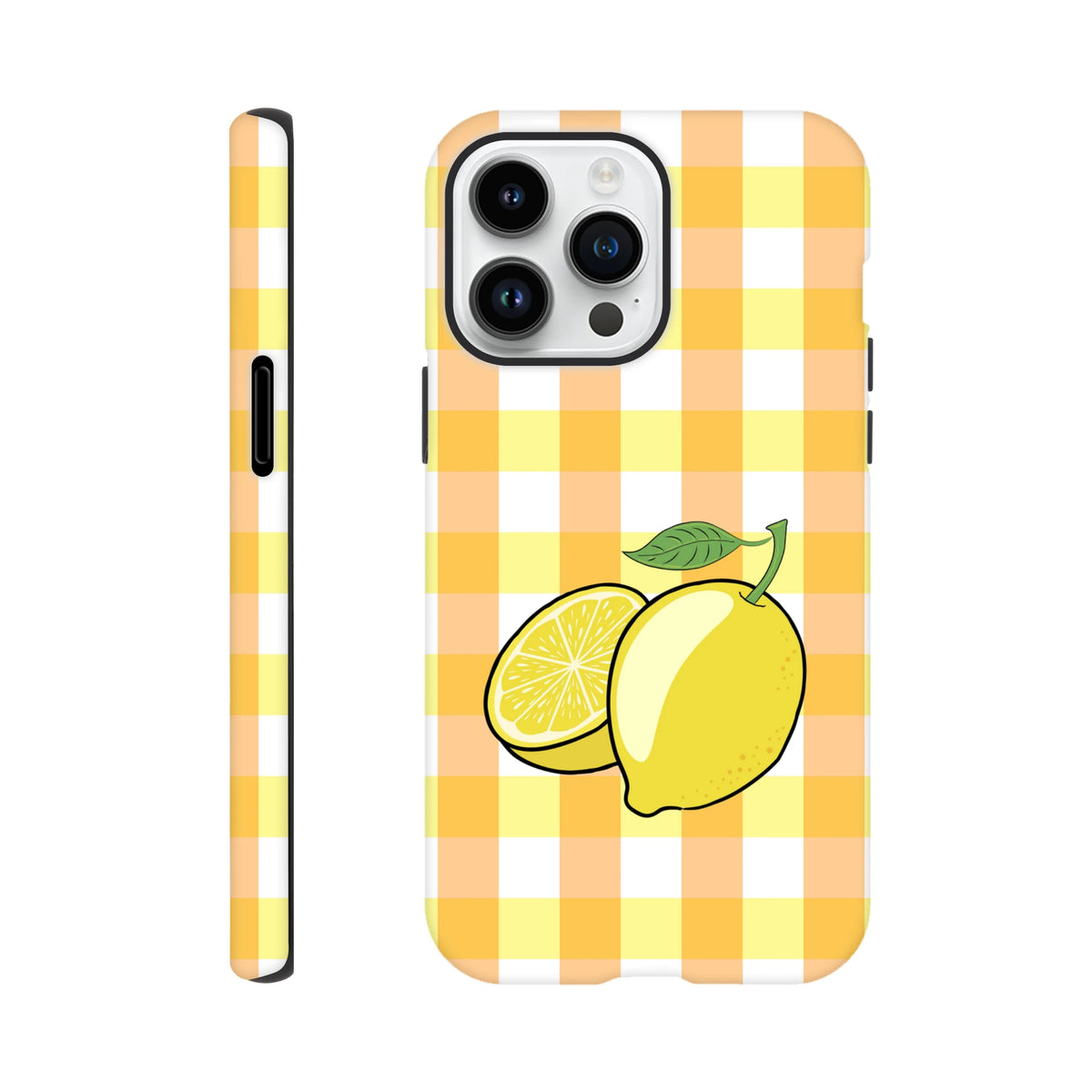 Yellow gingham iPhone case featuring a whole and sliced lemon illustration with drop protection for models 13-16.