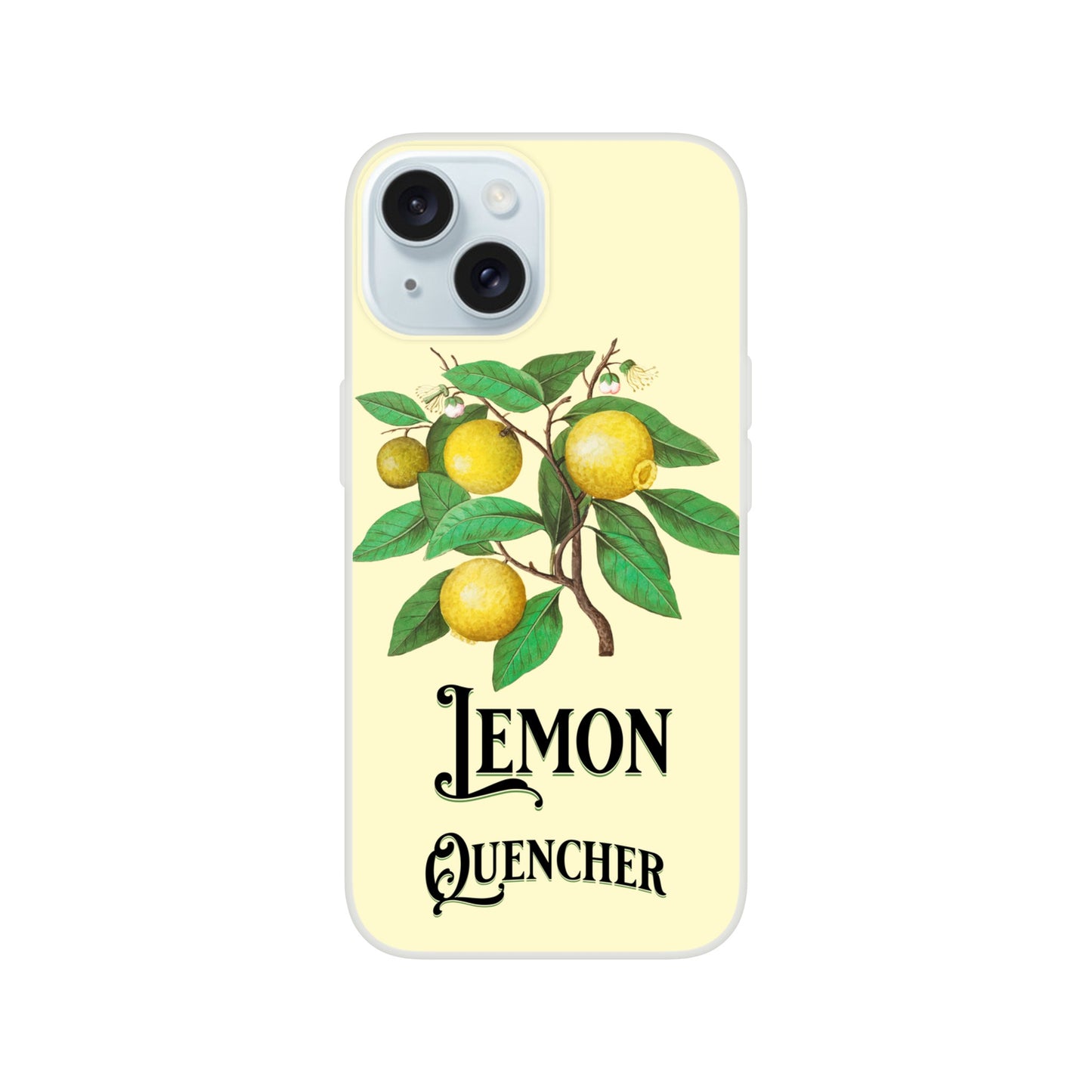 iPhone case with lemon design and 'Lemon Quencher' text on a yellow background 2