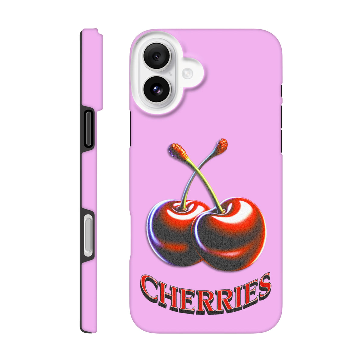 Pink tough iPhone case featuring retro Y2K glossy cherries and arched "CHERRIES" text for durable everyday protection.