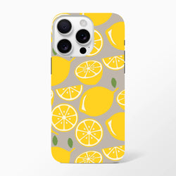 Cute yellow lemon tough iPhone case with citrus fruit pattern and drop guard handle on taupe background.
