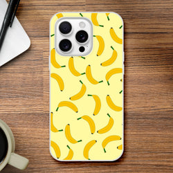 Banana-pattern iPhone case (13-16) with yellow fruit design, slim matte shell, shock-absorbing protection