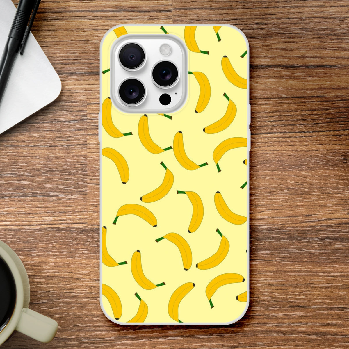 Banana-pattern iPhone case (13-16) with yellow fruit design, slim matte shell, shock-absorbing protection