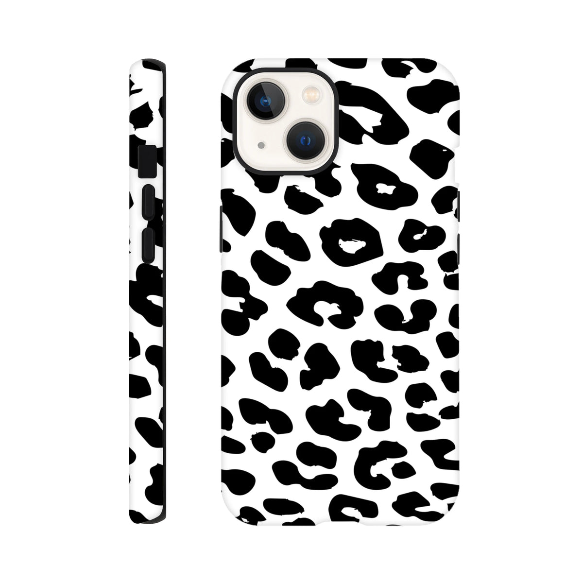 White iPhone case with black snow leopard print animal pattern. Tough, shock-absorbing cover with seamless wrap-around design for daily protection.