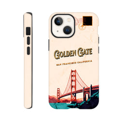 Retro San Francisco postcard iPhone case featuring vintage Golden Gate Bridge illustration and travel stamp details for durable daily carry protection.