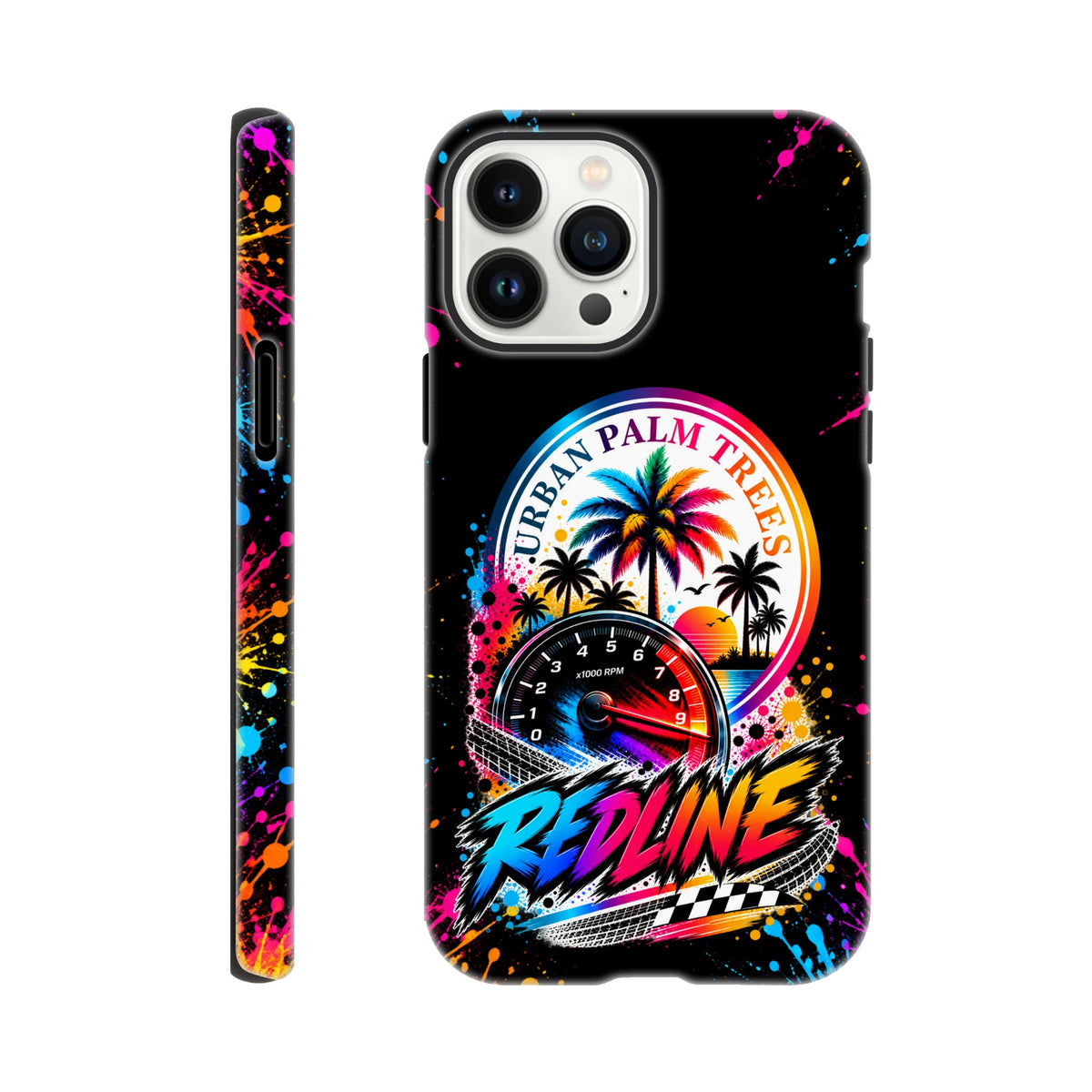 Tough iPhone case featuring a vibrant Redline petrolhead tachometer design with Urban Palm Trees sunset art and colorful paint splatters.
