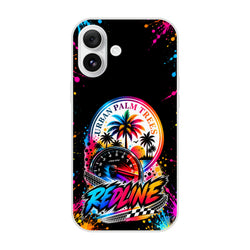 Vibrant Redline iPhone case featuring Urban Palm Trees logo, tachometer, neon paint splatters, and retro car culture artwork.