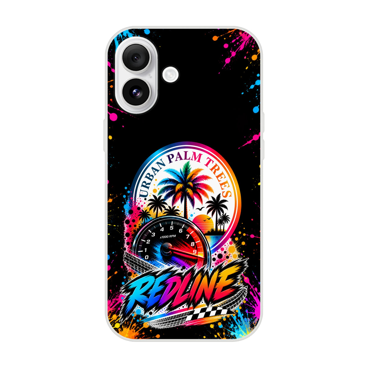 Vibrant Redline iPhone case featuring Urban Palm Trees logo, tachometer, neon paint splatters, and retro car culture artwork.