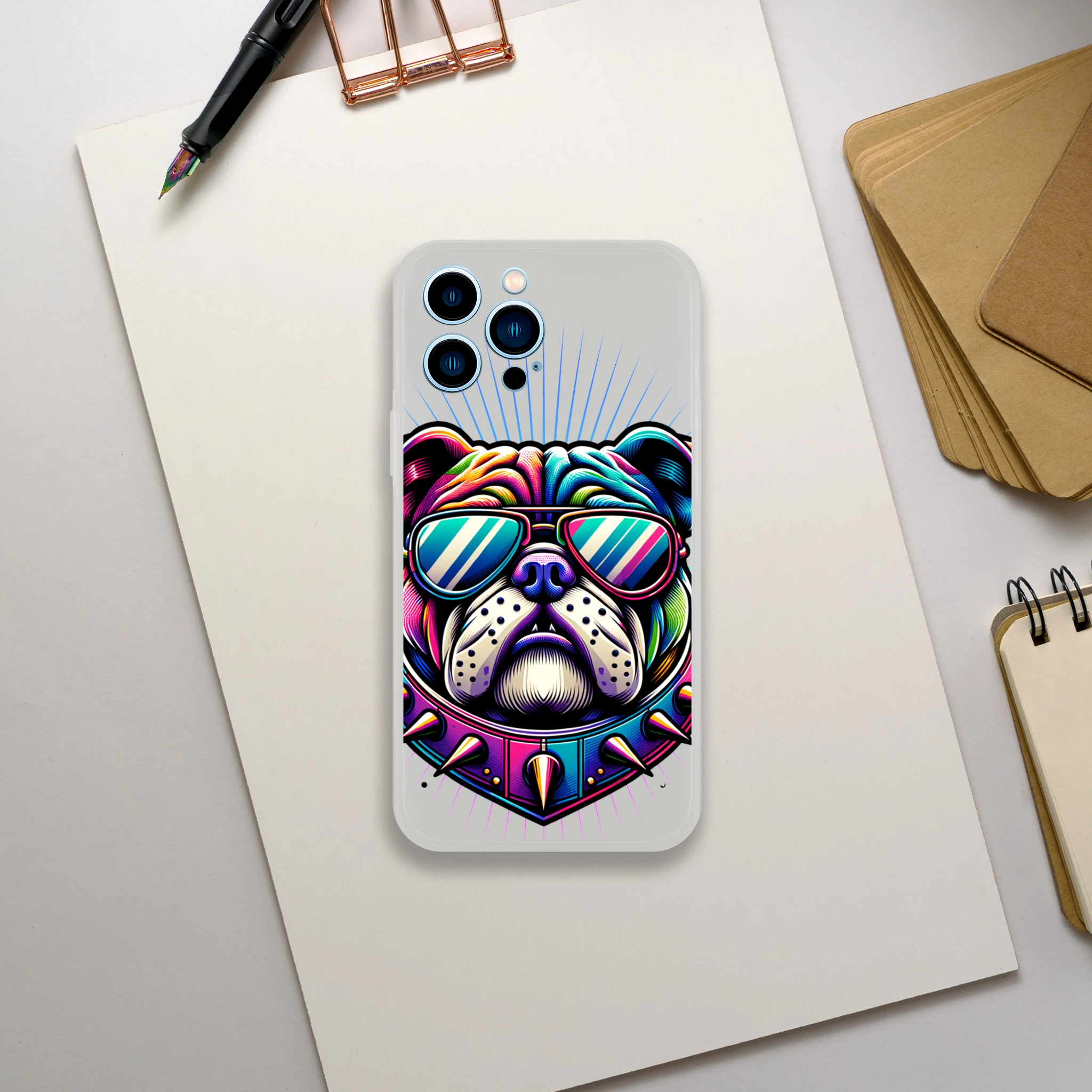 Transparent slim iPhone case with a neon bulldog wearing sunglasses, protective cover for iPhone 13–16.