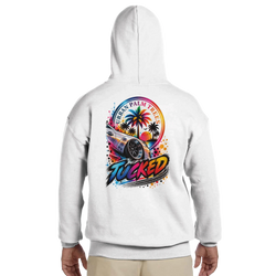White men's hoodie back with colorful Tucked car graphic featuring Urban Palm Trees sunset and palm tree art.