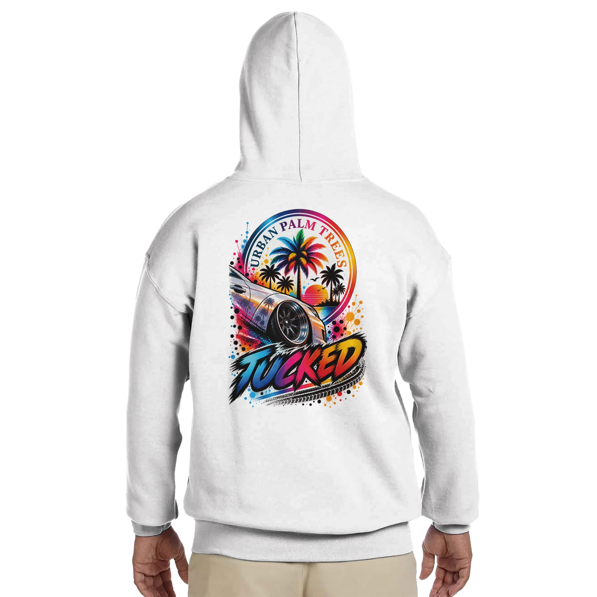 White men's hoodie back with colorful Tucked car graphic featuring Urban Palm Trees sunset and palm tree art.