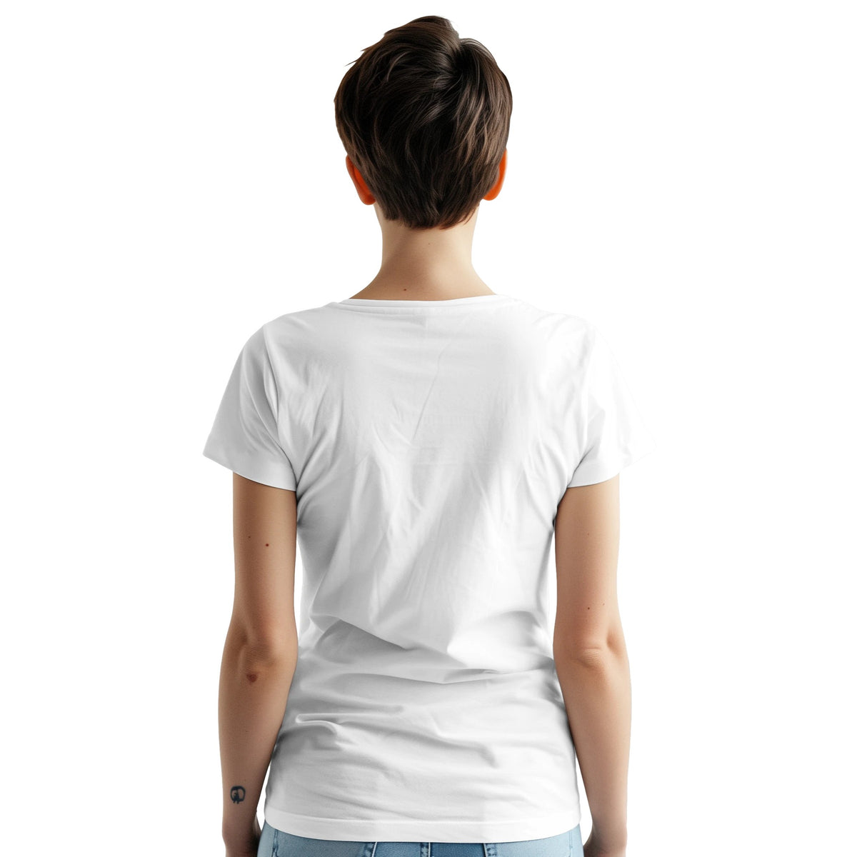 Back view of woman wearing white cotton-blend Retro Pop Art Graphic T‑Shirt, sizes S–XL.