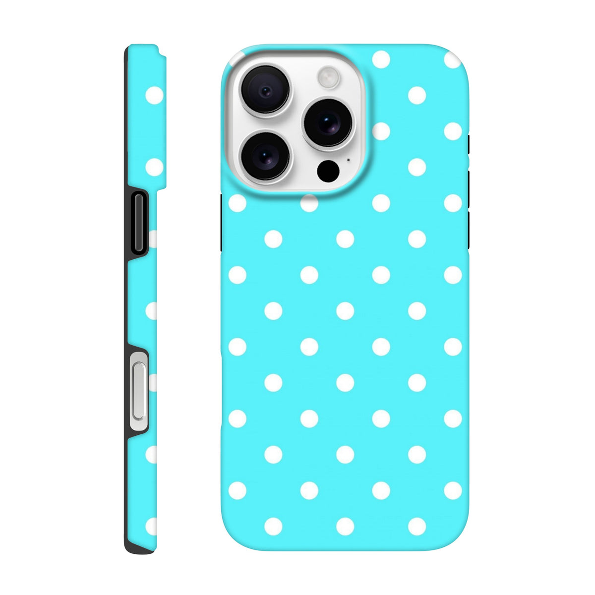 Turquoise and white polka dot tough iPhone case with glossy finish and shock-absorbing TPU protection for retro style.