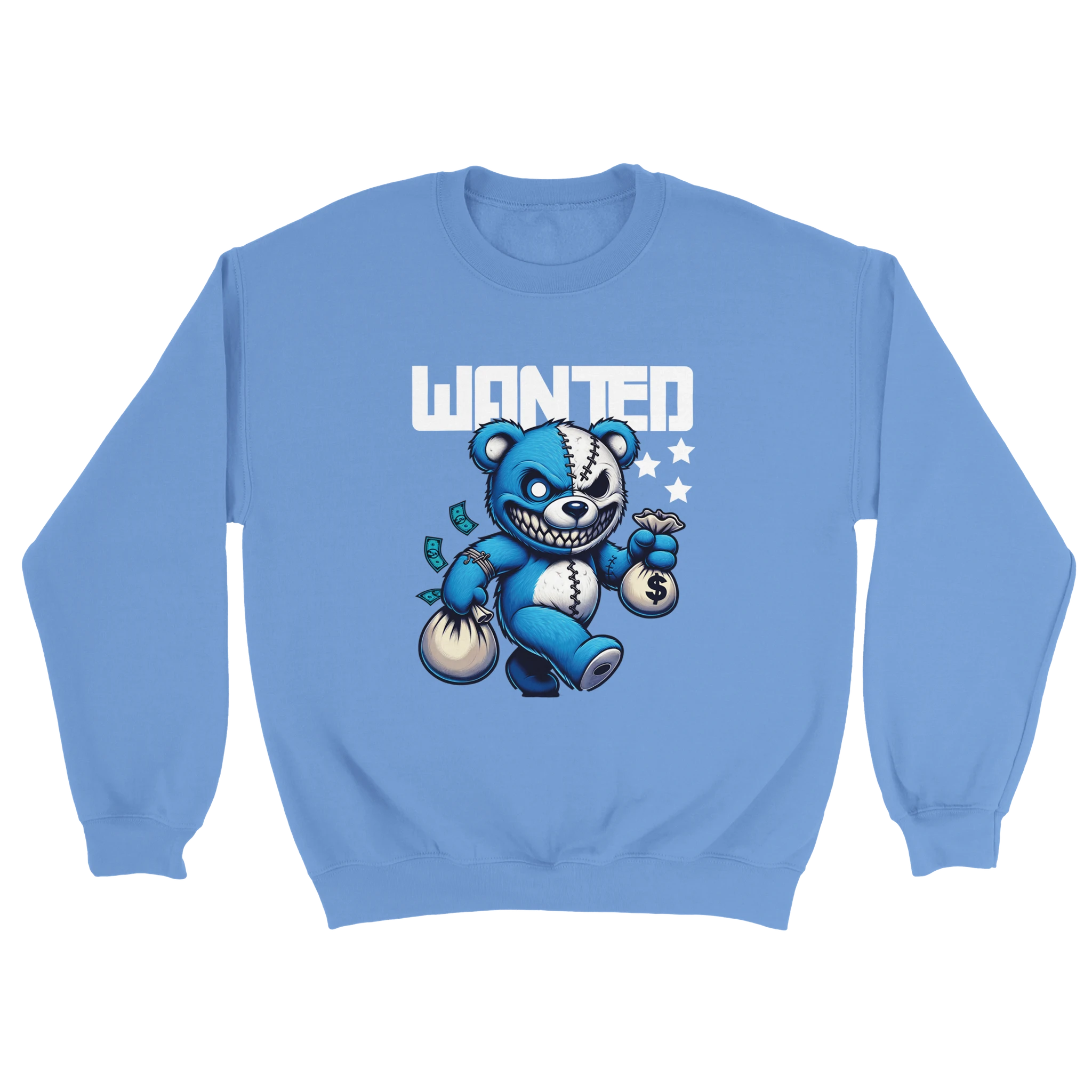 Blue Wanted Teddy Bear graphic sweatshirt with a blue bear holding money bags and bold WANTED.