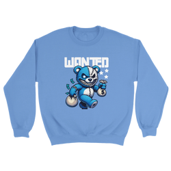Blue Wanted Teddy Bear graphic sweatshirt with a blue bear holding money bags and bold WANTED.