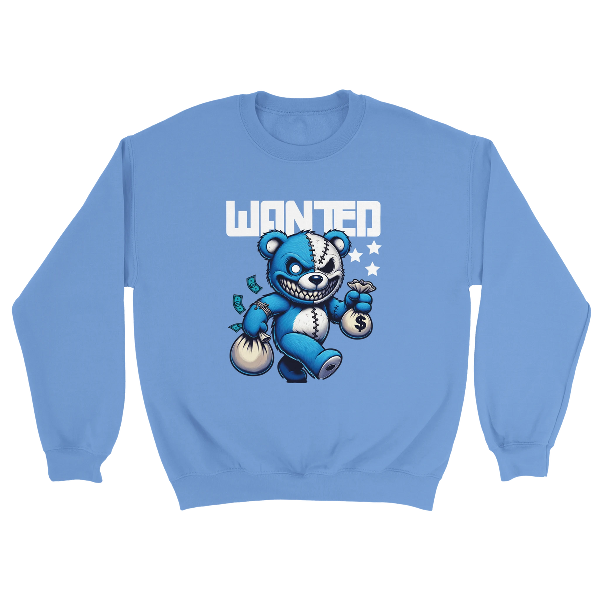 Blue Wanted Teddy Bear graphic sweatshirt with a blue bear holding money bags and bold WANTED.