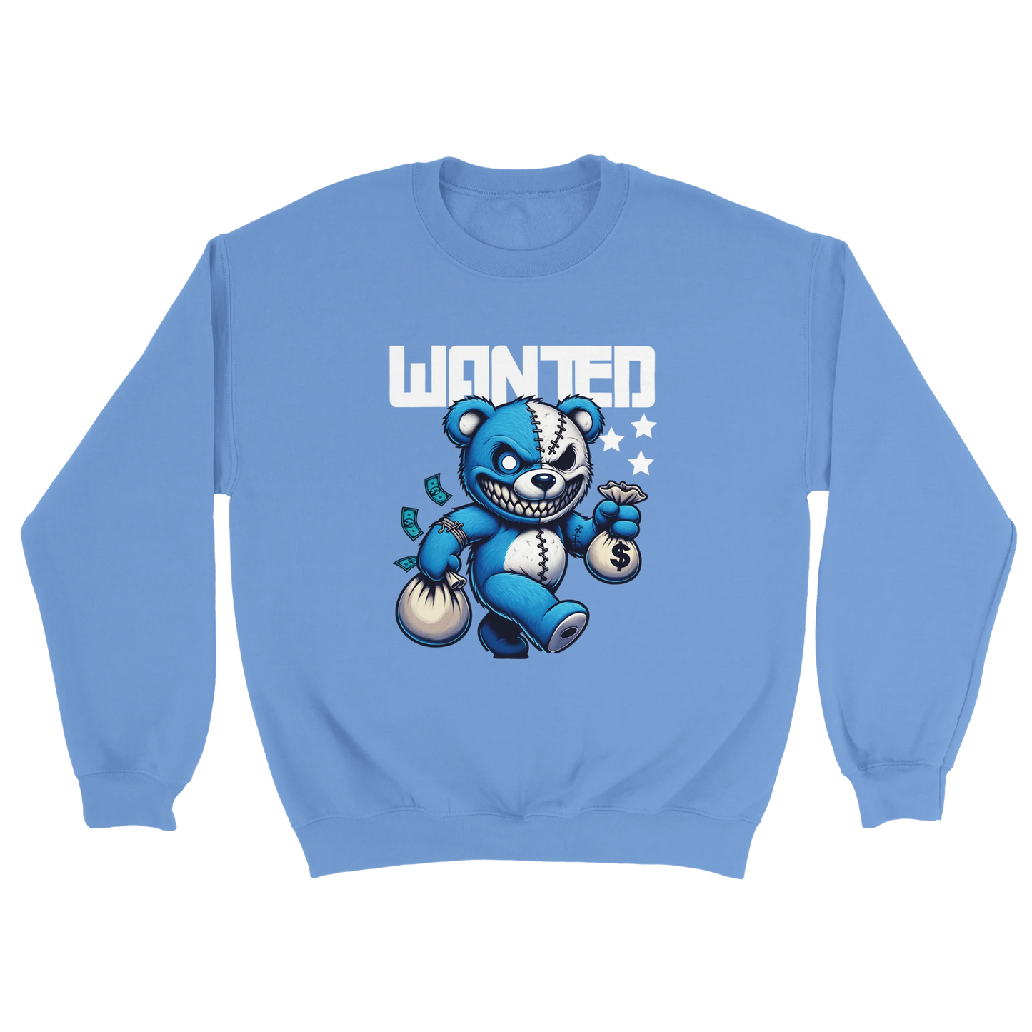 Blue men's graphic sweatshirt featurng a teddy bear design