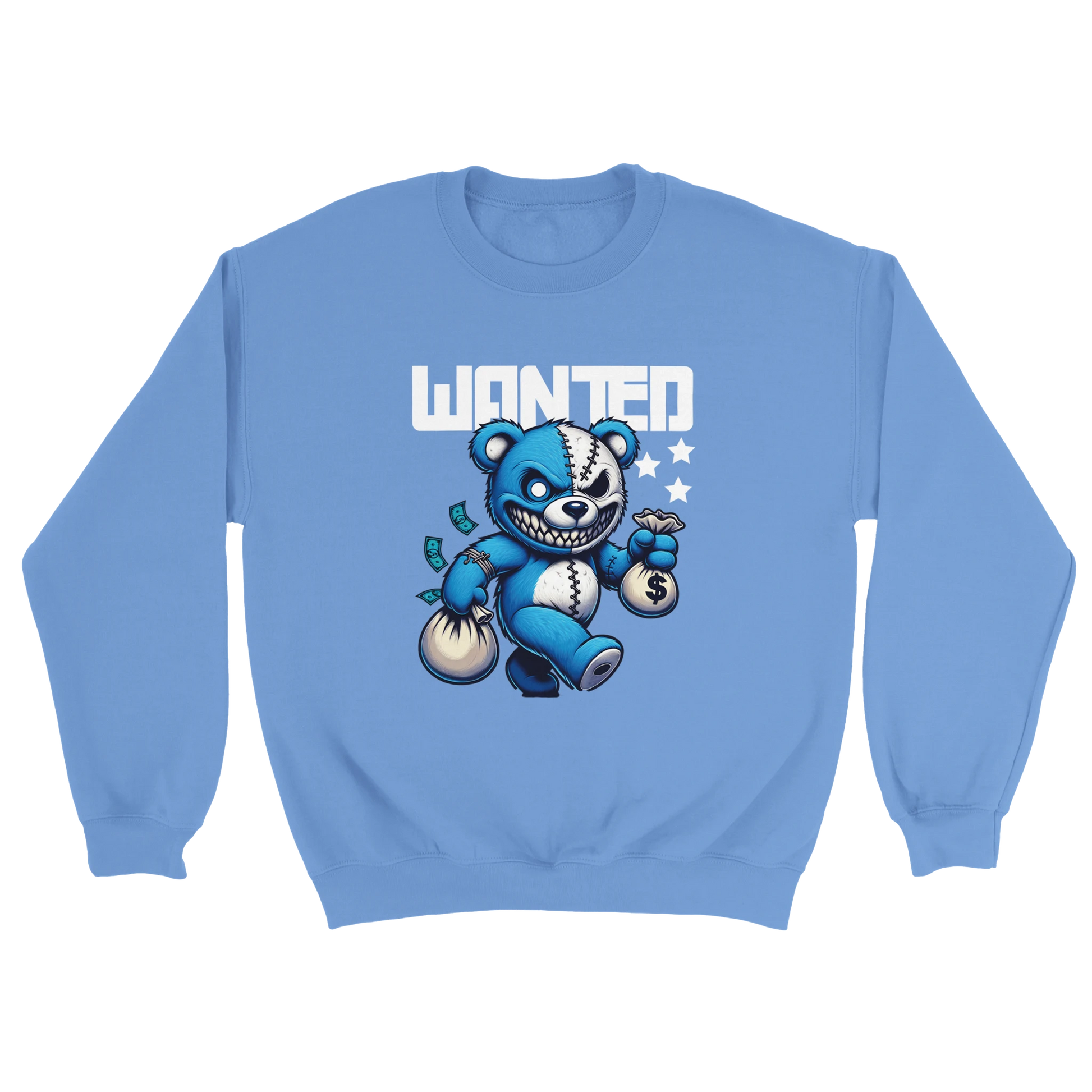 Blue men's graphic sweatshirt featurng a teddy bear design