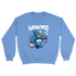 Blue Wanted Teddy Bear graphic sweatshirt with a blue bear holding money bags and bold WANTED.