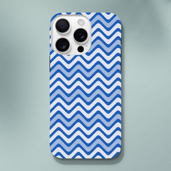 Blue and white retro zigzag iPhone case with glossy finish and shock-absorbing TPU protection for daily use.